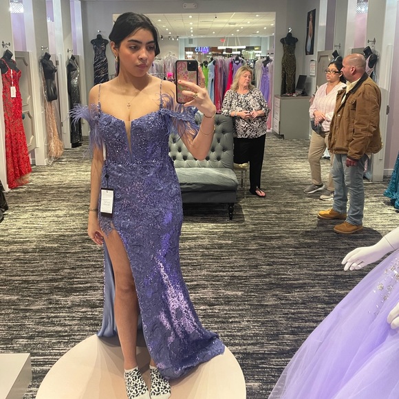 Sherri Hill Dress #54839 Size 2 Periwinkle Color Feather Sequins Prom Dress - Picture 3 of 5